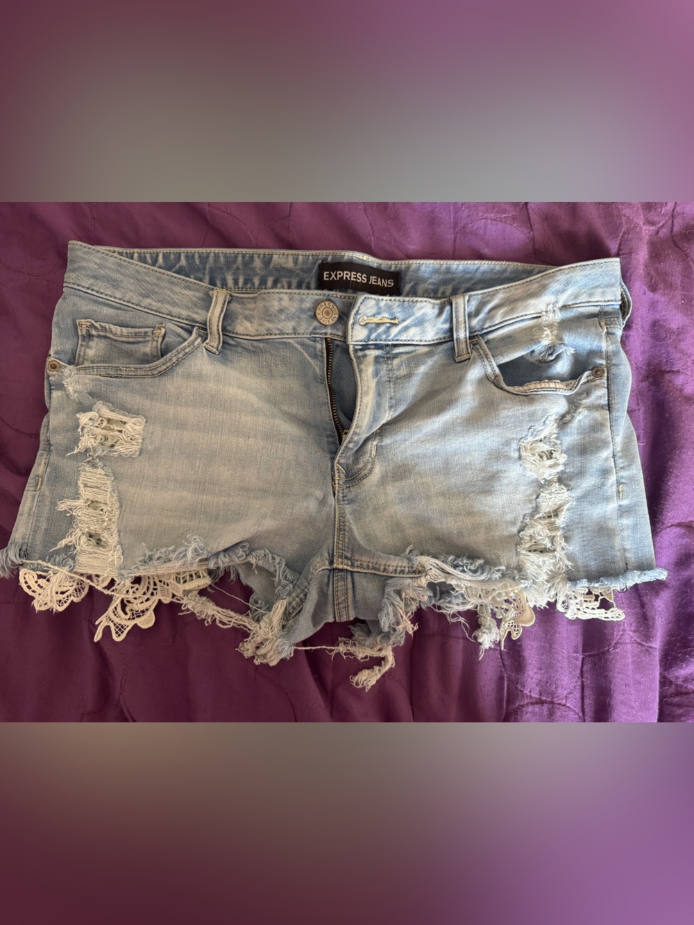 Express Light Blue Distressed Denim Shorts with Lace Fringe